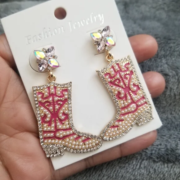 Rose Pink Gold Cowgirl Boots Western Earrings Pearls & Rhinestone Rodeo - Picture 5 of 5